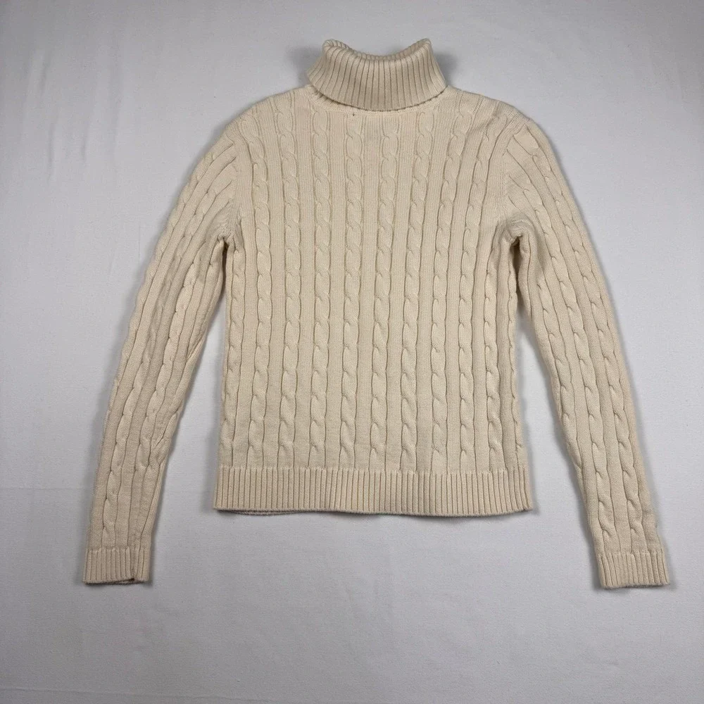 Chaps Turtleneck Sweater Womens Medium Cream Cable Knit 100% Cotton Long Sleeve